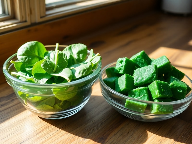 Visual comparison of fresh versus frozen spinach, highlighting the richer color and nutrient density of the frozen version.