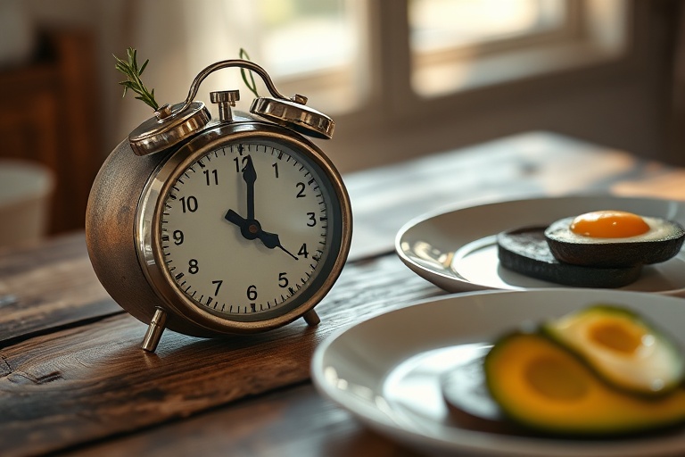A rustic kitchen timer set on a wooden surface with a finished meal, symbolizing the practice of time-restricted eating.