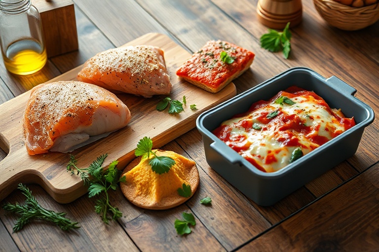 MealSolved 2+1 strategy visual showing two fresh core proteins and one freezer-ready meal on a rustic table