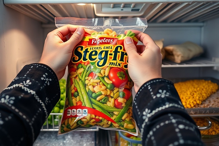 Hands selecting a bag of frozen vegetables from an organized freezer as a 