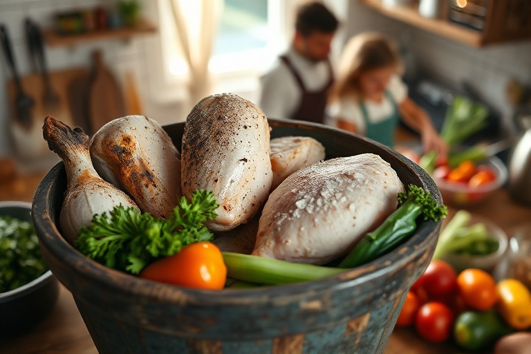 Overhead view of food waste from freezer degradation, contrasting with a family cooking in the background.