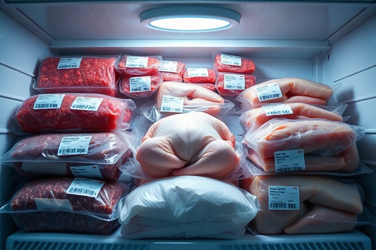 Interior view of an organized home freezer with a diverse strategic reserve of various proteins.