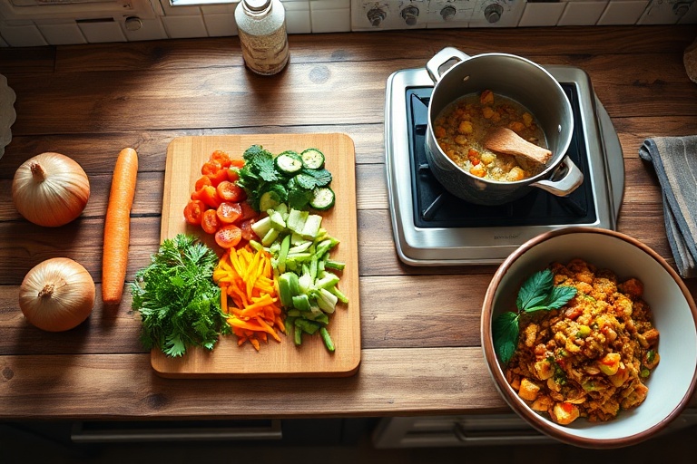 An overhead sequence showing meal prep stages from whole ingredients to a finished dish, illustrating efficient workflow.
