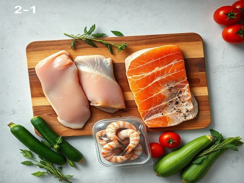 Top-down view of two fresh proteins and one freezer meal ingredient arranged on a rustic wooden surface.