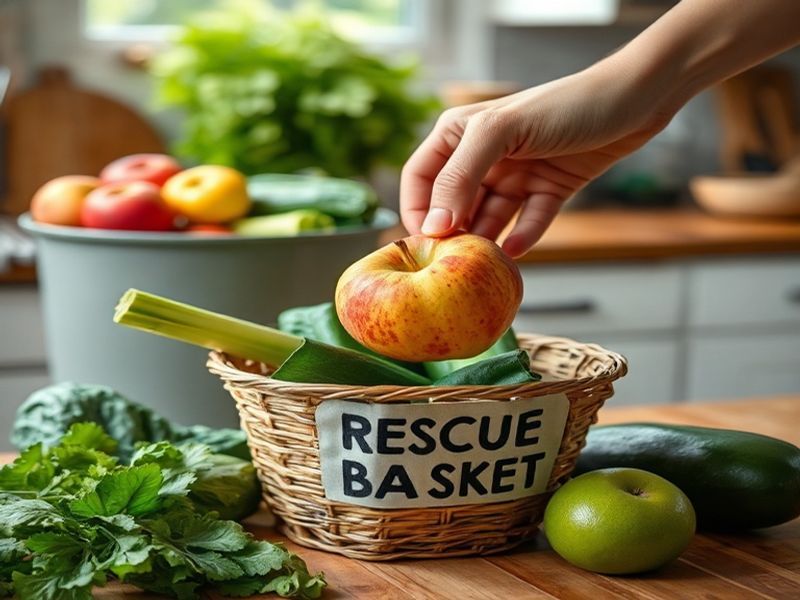 A hand saving a piece of fruit in a rustic kitchen to illustrate reducing food waste.