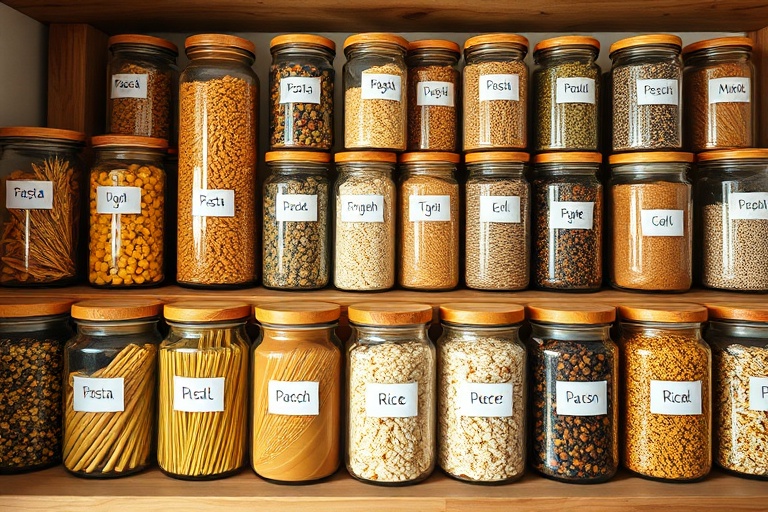 An organized pantry shelf with dry goods in clear, uniformly labeled jars, demonstrating efficient kitchen storage.