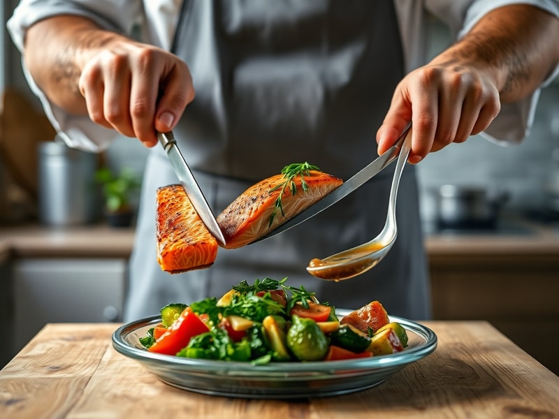 Hands preparing a meal using three different cooking methods - searing, chopping, and marinating - to create contrasting textures in a home kitchen.