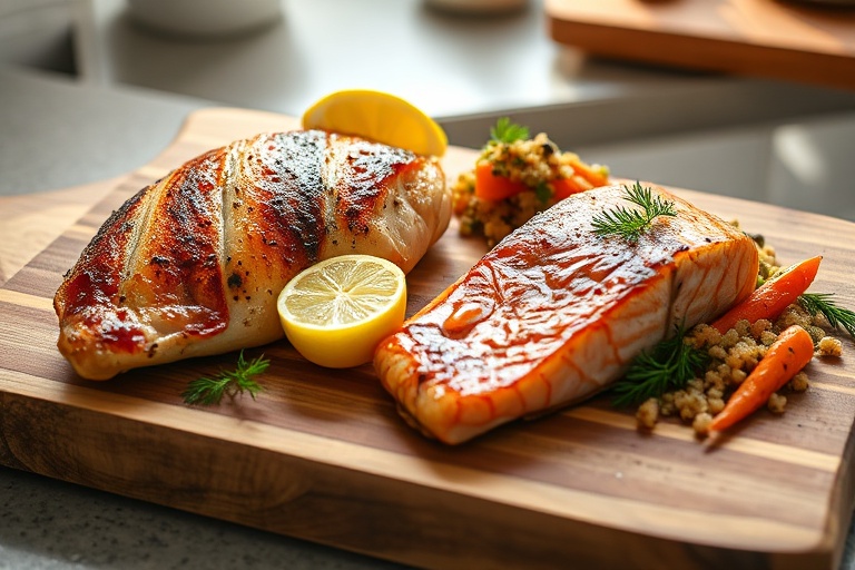 A rustic meal setup featuring two fresh core proteins: a seared chicken breast and salmon filet with sides, demonstrating meal variety.