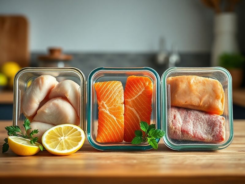 Three meal prep containers demonstrating the 2+1 Strategy: two with fresh proteins and one with a frozen protein, neatly arranged on a wooden surface.