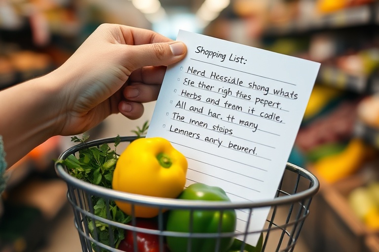 A focused shopping list and a small basket of groceries representing Just-In-Time procurement for home kitchens