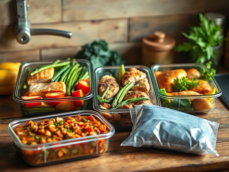 An organized meal prep setup showing ingredients for two fresh meals and one freezer meal, illustrating the 2+1 Strategy.