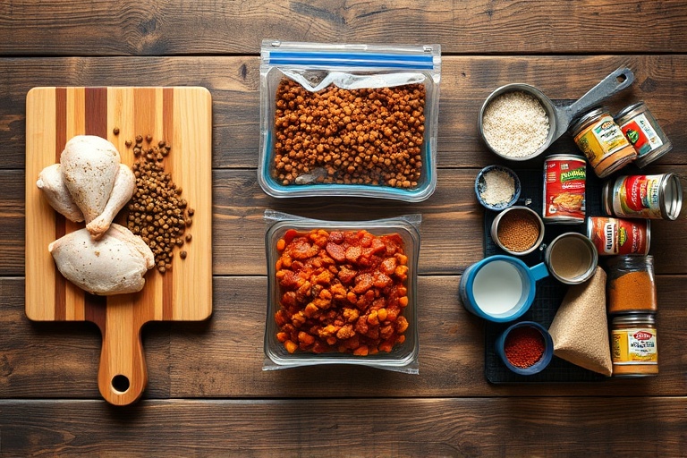 Visual representation of the 2+1 Strategy showing core proteins, freezer meal, and pantry staples