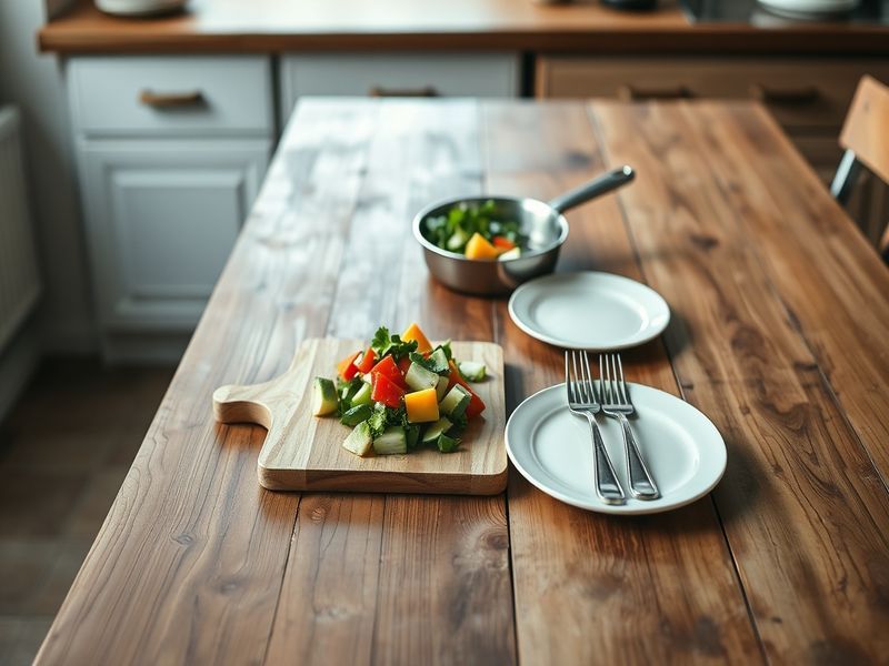 A conceptual kitchen table setup arranged like an efficient assembly line for meal preparation