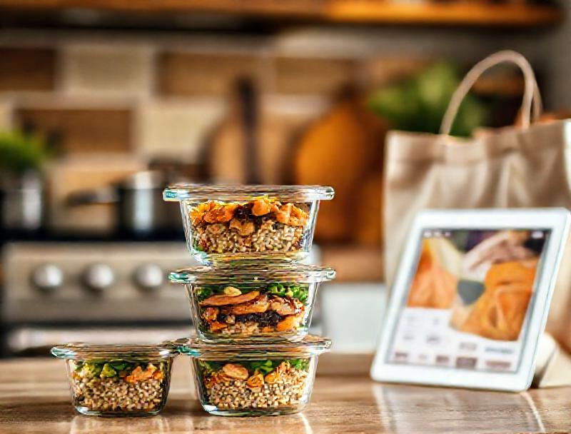 Glass meal prep containers and kitchen tools representing batch cooking and meal planning solutions.
