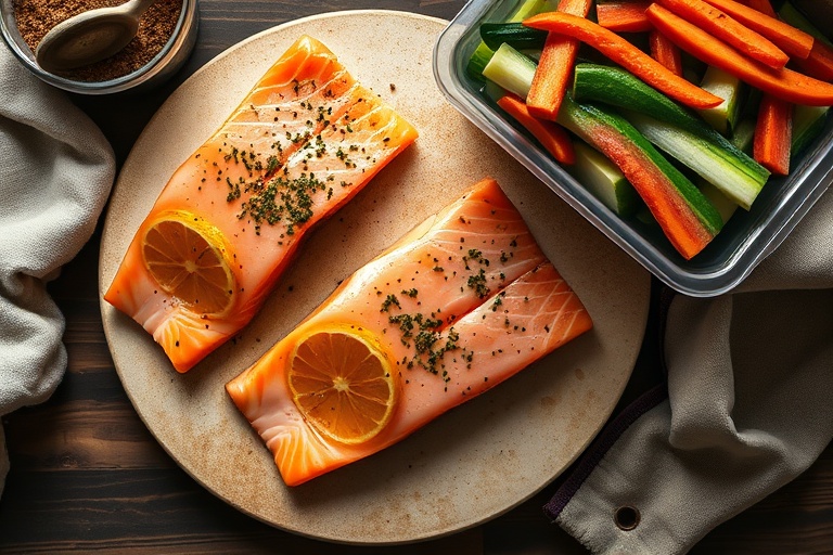 Fresh salmon and frozen vegetables prepped side-by-side, demonstrating the practical 2+1 Strategy for home kitchen inventory.
