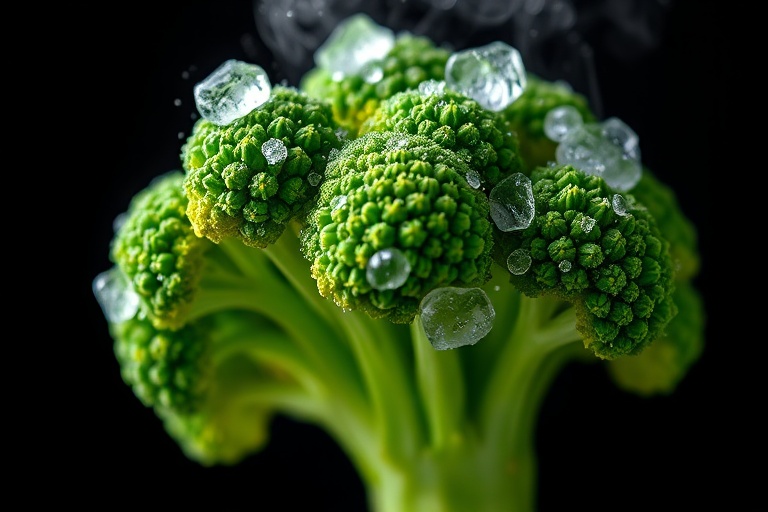 Close-up view of vegetables undergoing cryogenic flash-freezing process