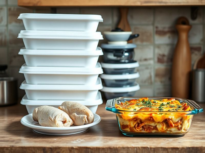 A contrast between a monotonous stack of identical meal prep containers and a flexible mix of fresh chicken and a frozen lasagna.