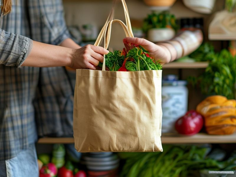 Hands holding a grocery tote bag filled with fresh produce in front of a well-stocked pantry.