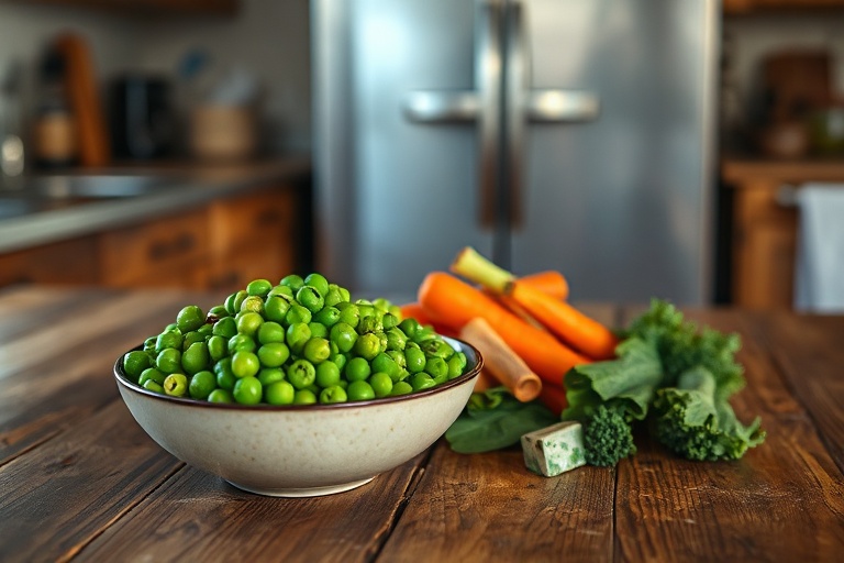 Comparison of freezer-damaged soggy vegetables versus fresh, crisp frozen vegetables on a rustic counter.