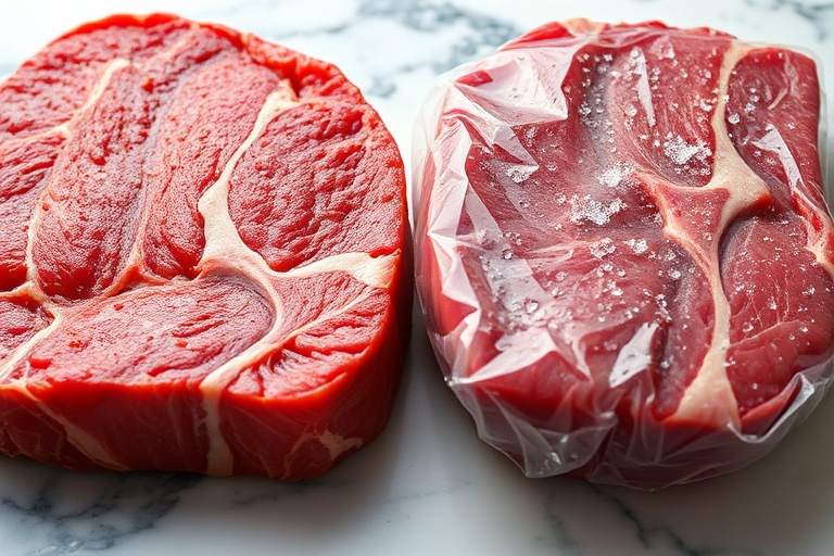 Close-up comparison of a fresh steak and a cryogenically frozen steak, highlighting nutrient preservation.