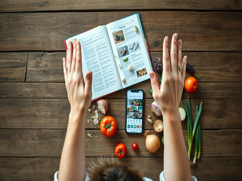 Overhead view of hands holding a head in stress, with a cluttered recipe book, phone, and vegetables on a table, representing decision fatigue.