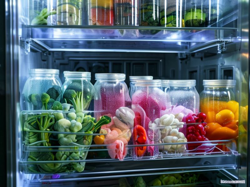 A neatly organized modern freezer drawer filled with bags and jars of colorful flash-frozen vegetables.