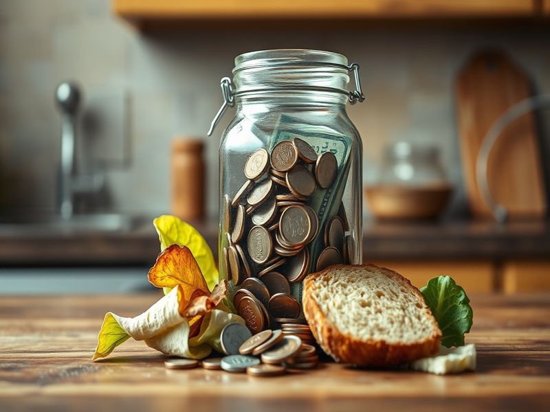 A jar of money on a kitchen counter, with discarded food waste spilling out, symbolizing the cost of food waste.