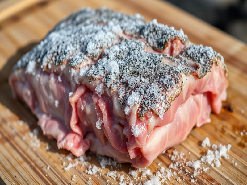 Close-up macro view of severe freezer burn on frozen meat.