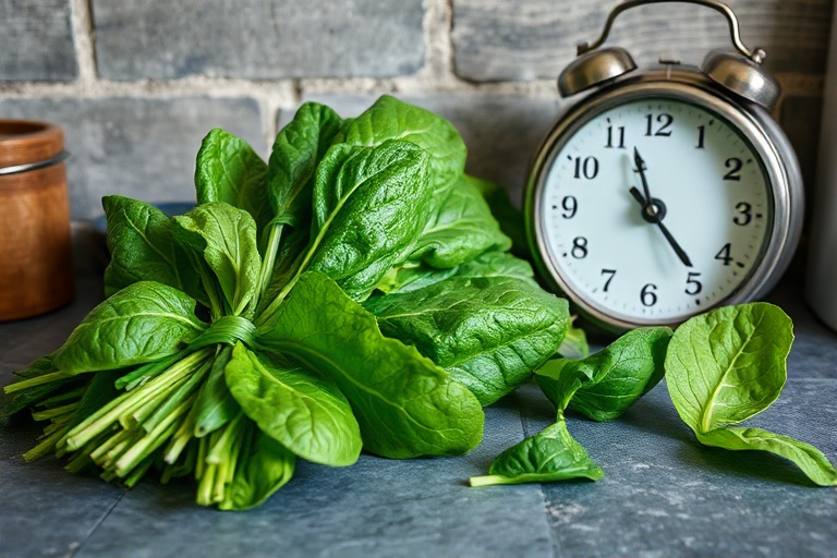 Fresh spinach wilting next to a clock, visually representing nutrient degradation over time after harvest.