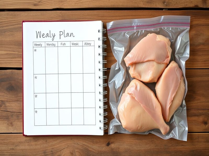 Overhead shot of a handwritten weekly meal plan next to fresh core proteins and a freezer item, visualizing the 2+1 strategy.