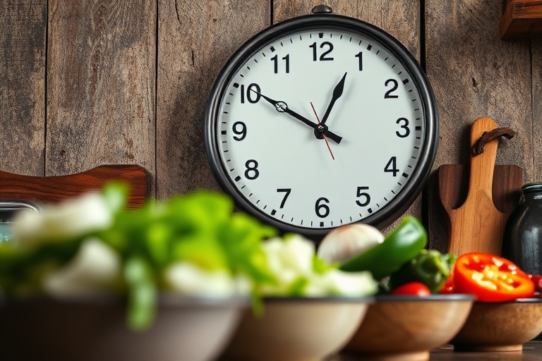 A kitchen wall clock with prepped fresh vegetables in the foreground, symbolizing the time cost of meal planning.