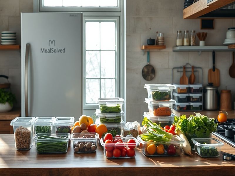 MealSolved meal prep containers and fresh ingredients next to a home freezer.