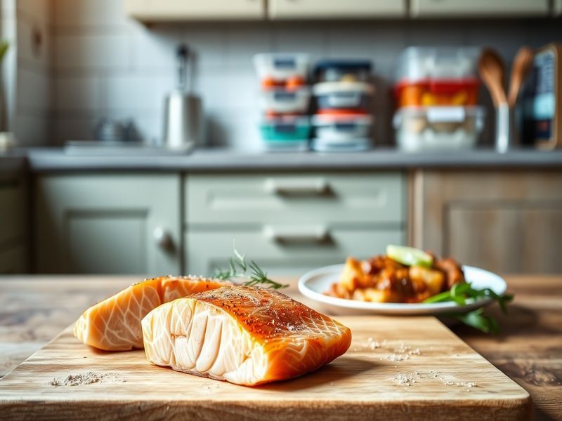 Visual explanation of the MealSolved 2+1 Strategy: fresh proteins next to a prepared freezer meal and an organized freezer.