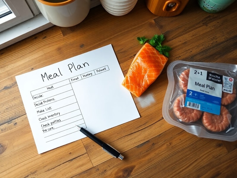Overhead view of a handwritten meal plan document next to two fresh and one frozen protein, illustrating the 2+1 Strategy