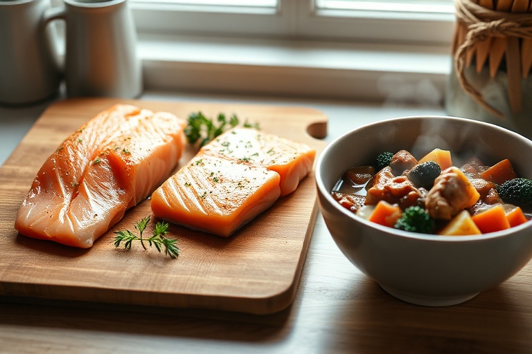 Fresh proteins and a prepared freezer meal arranged to visually represent the 2+1 meal planning strategy.
