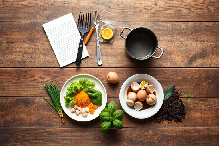A circular arrangement of kitchen objects representing the sustainable cycle from planning to composting in a circular kitchen.