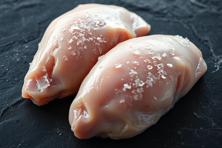 Close-up comparison of ice crystal size on meat from conventional vs flash-freezing