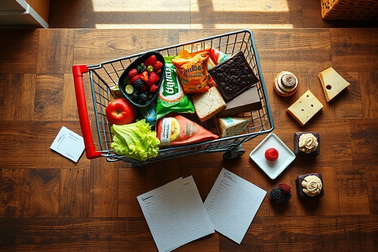 Overflowing grocery cart on a rustic table with a forgotten shopping list, illustrating the battle between impulse and planning.