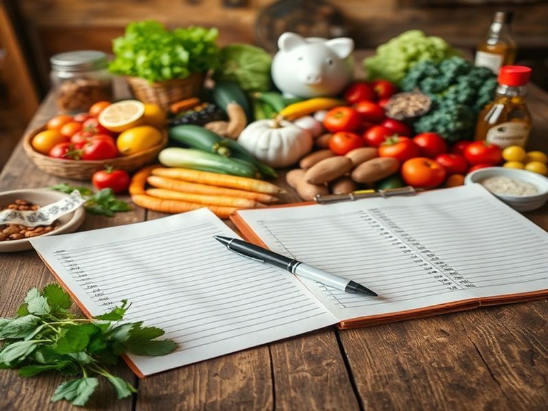 A rustic table with a bountiful spread of fresh food and a ledger, symbolizing budget planning.
