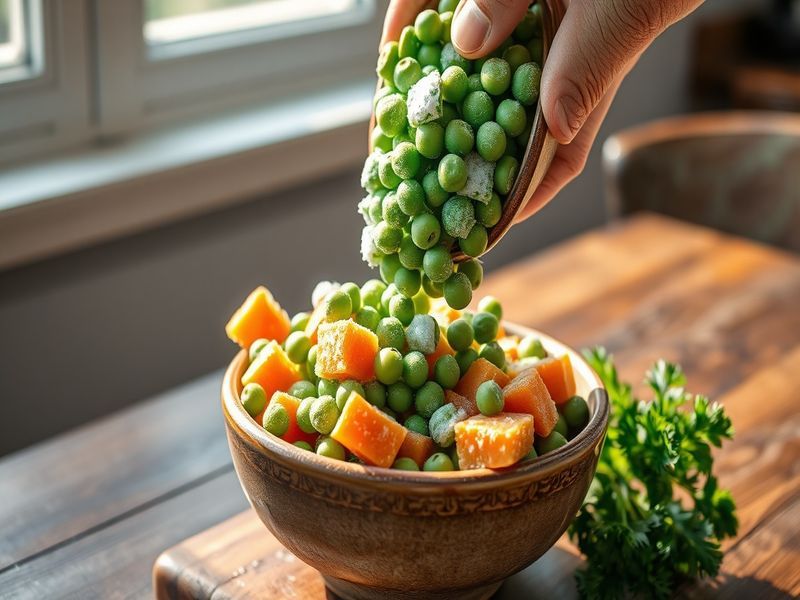 Close-up of vibrant frozen peas and carrots being poured into a bowl, showcasing the color and nutrient retention of frozen produce.