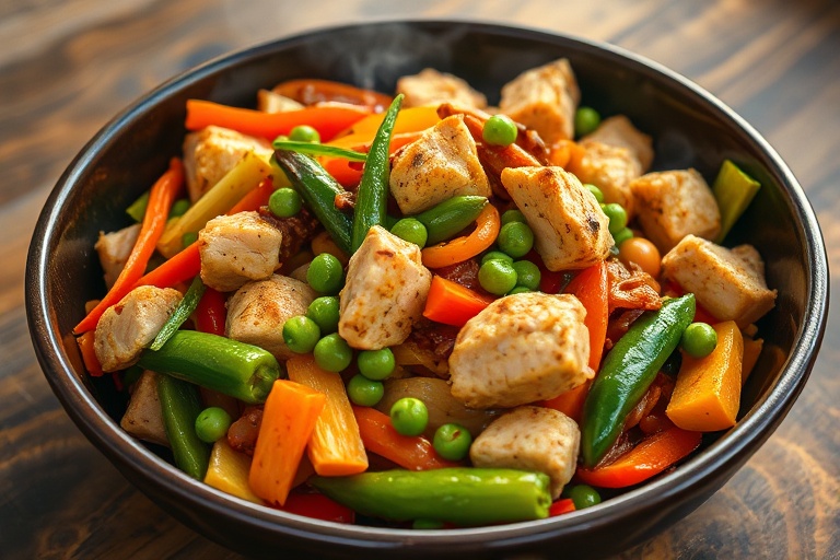 A delicious, fresh-looking chicken and vegetable stir-fry made using a frozen vegetable mix, demonstrating nutrient retention.