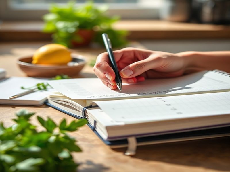 Hands writing a meal plan on a notepad surrounded by fresh ingredients like herbs and lemons.