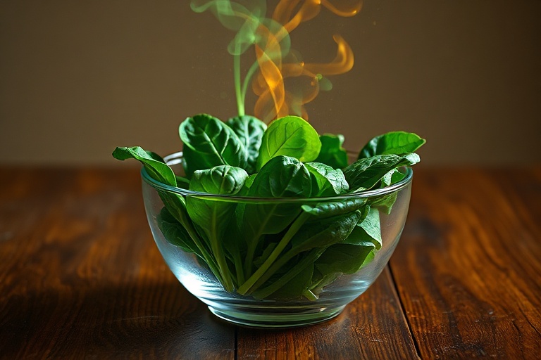 Fresh spinach in a bowl with visualized nutrient loss, showing vitamins dissipating like vapor.