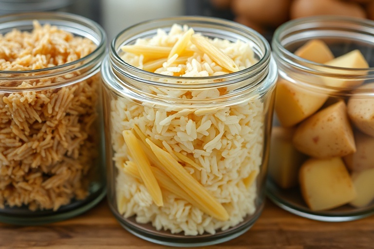 Chilled rice pasta and potatoes showing cooked starch retrogradation.