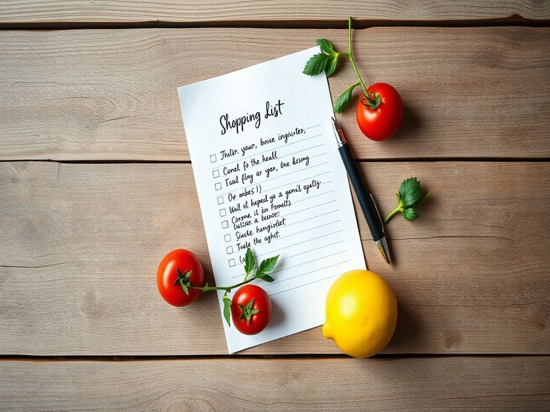 A handwritten shopping list with fresh ingredients, representing structured meal planning.