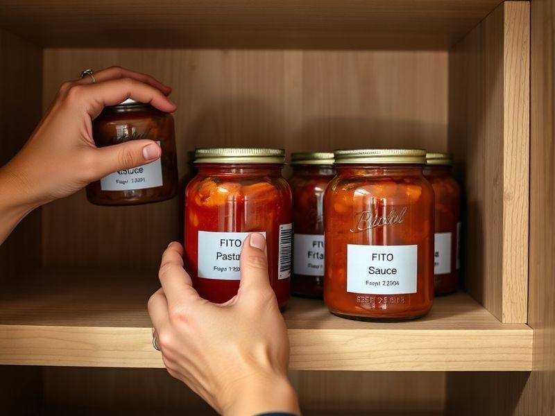 Close-up of hands practicing the FIFO method by rotating older grocery items to the front of a pantry shelf.