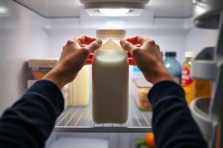 Hands practicing FIFO by rotating milk cartons in a refrigerator, showing industrial inventory management at home.