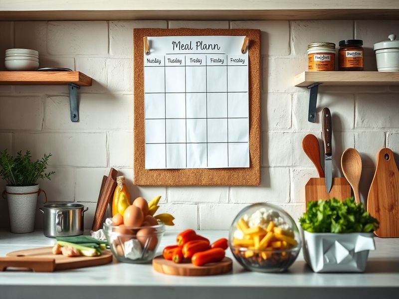 A weekly meal plan showing 2 fresh meals and 1 freezer meal, with corresponding ingredients neatly organized.