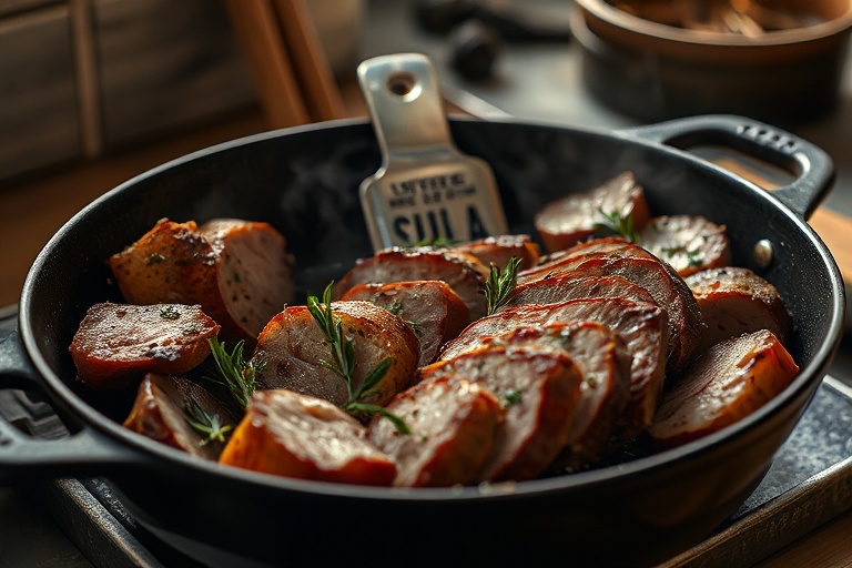 Reheated roast meat with herbs in a rustic skillet.