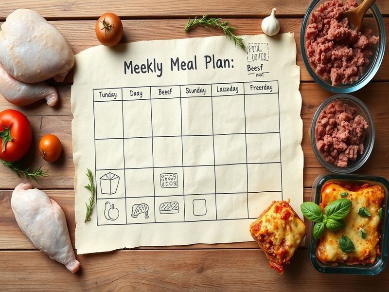 A rustic weekly meal plan calendar visualizing the 2+1 system: two fresh proteins and one freezer meal.